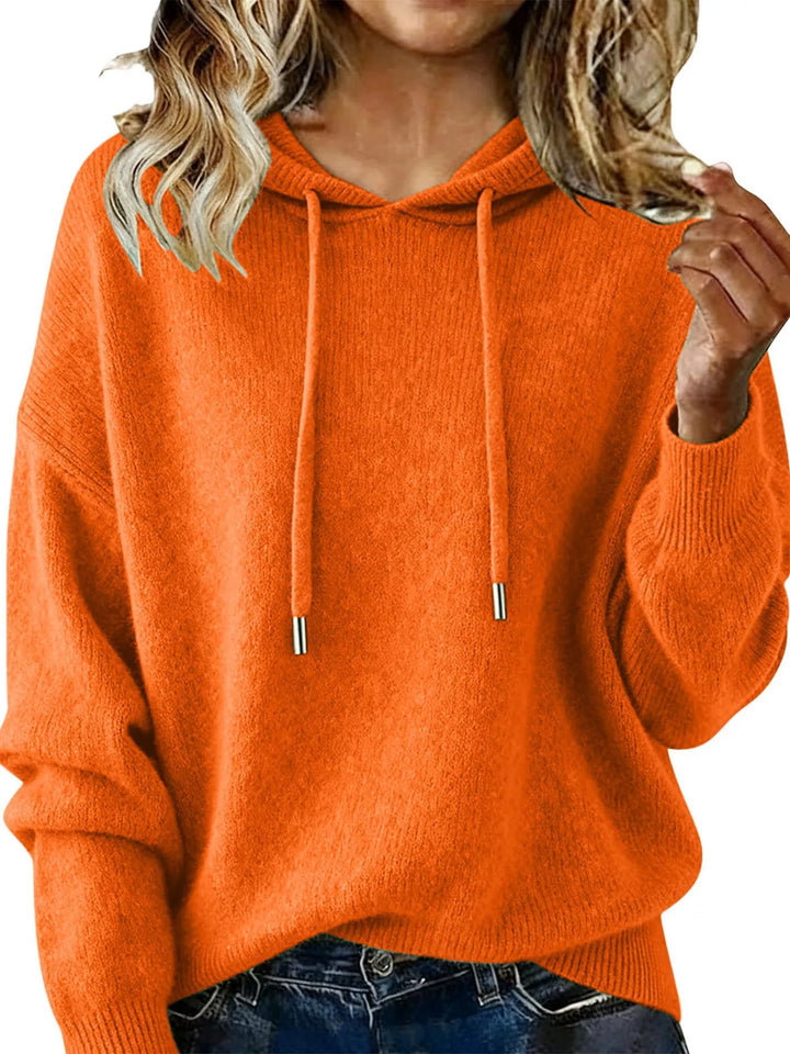 Orange Drawstring hooded knit sweater with ribbed cuffs