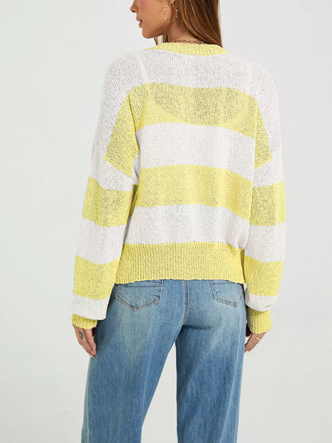Wide stripe button-down knit cardigan with ribbed trim