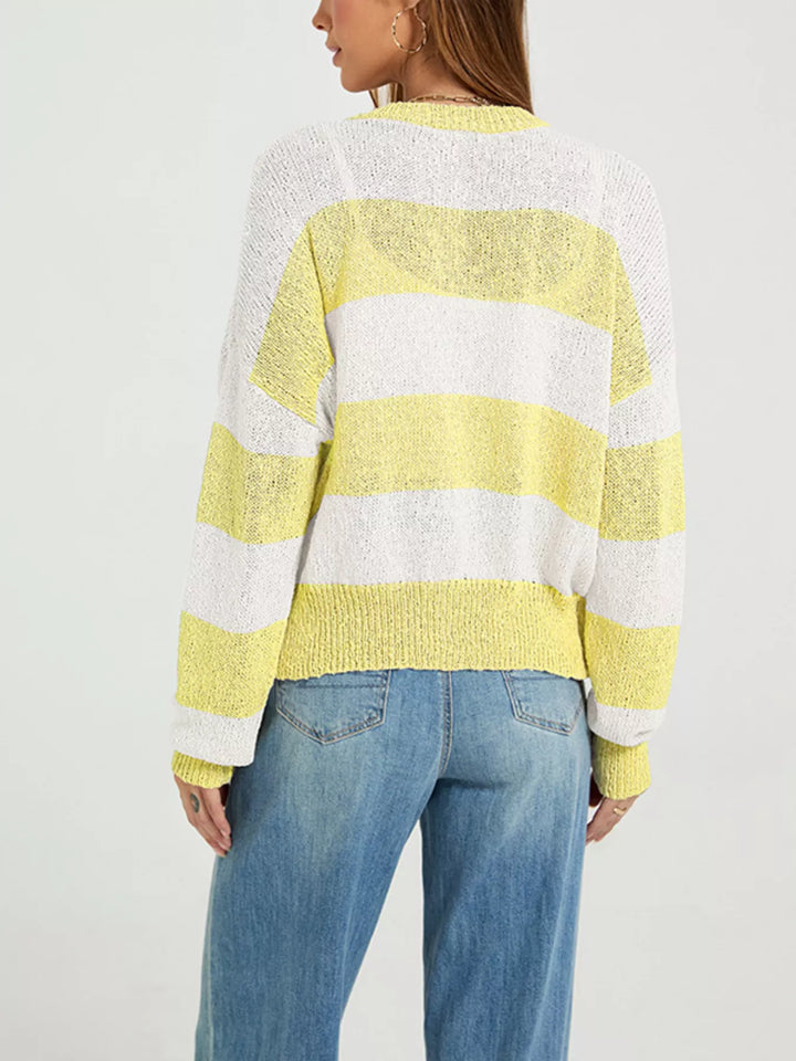 Wide stripe button-down knit cardigan with ribbed trim