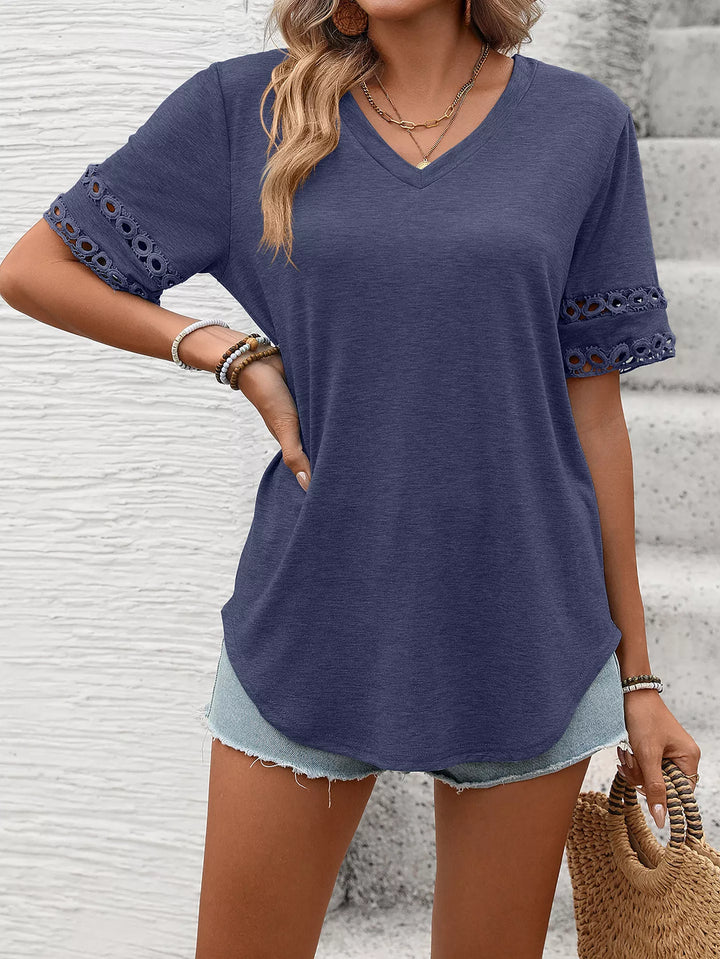 V-neck tee with crochet lace cutout sleeves