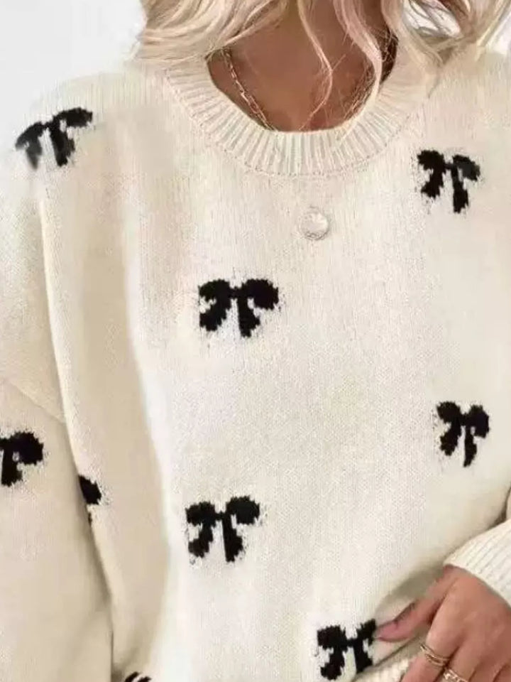 Bow print drop shoulder crew neck sweater
