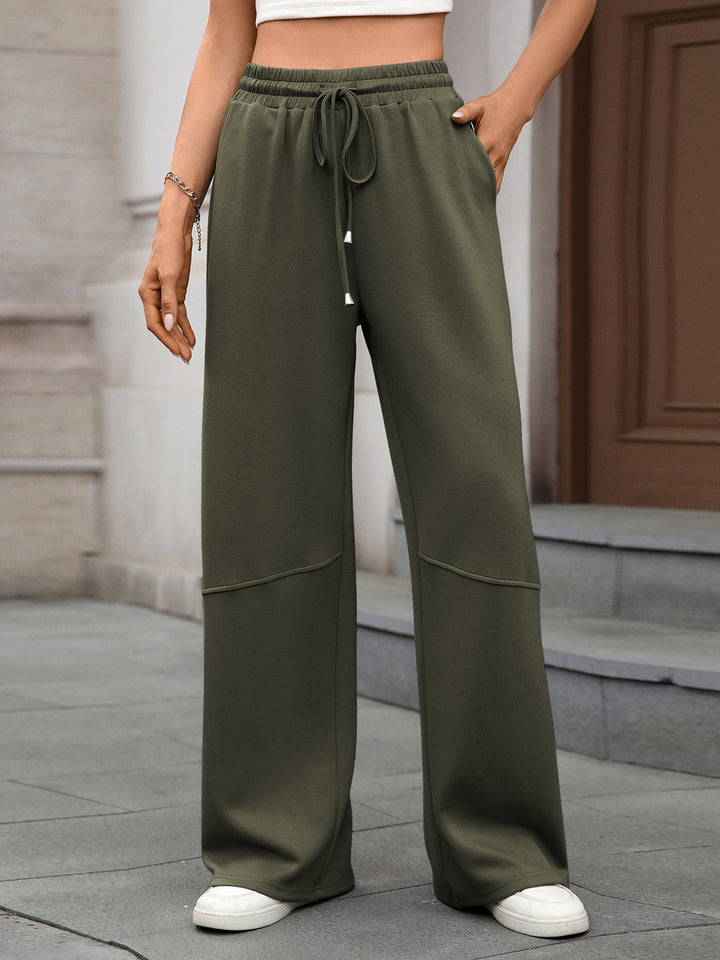 Drawstring high-rise wide leg pants with side pockets