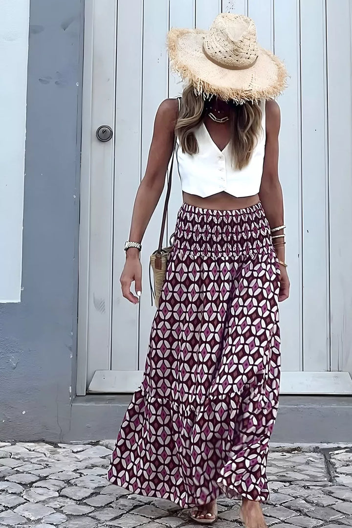 Geometric print tiered smocked waist maxi skirt