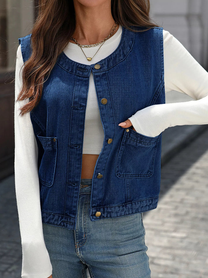 Cropped button-down denim vest with patch pockets