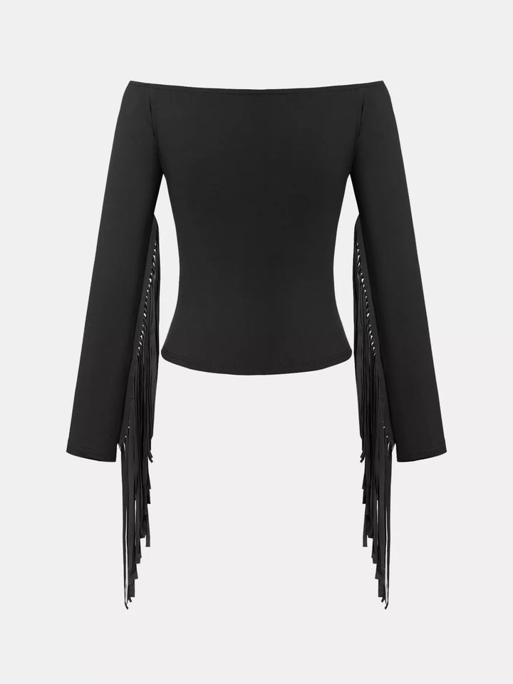Off-shoulder fringe-sleeve fitted long sleeve top