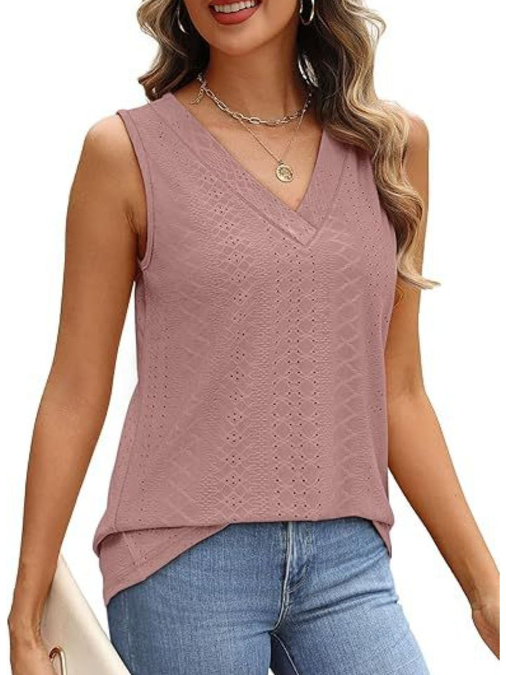 Eyelet V-neck sleeveless tank with diamond texture