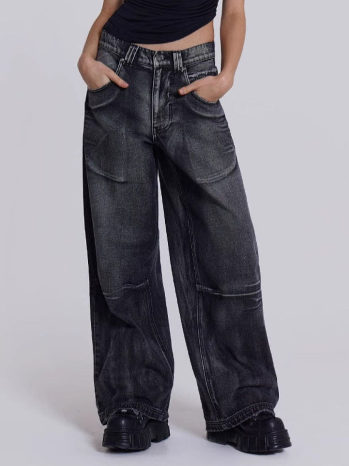 Blue Vintage wash mid-rise wide leg jeans with panel seams