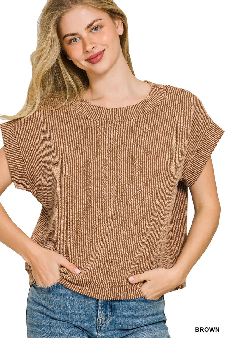 BROWN Raised rib knit cap sleeve top with crew neck