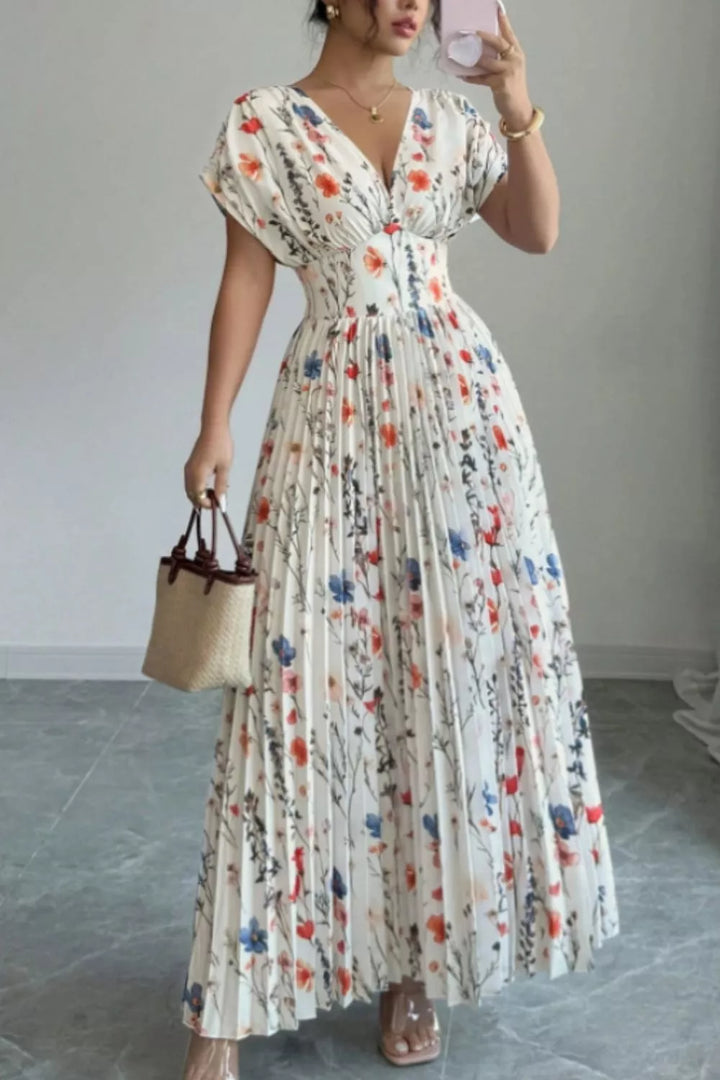 White Pleated wildflower print v-neck maxi dress
