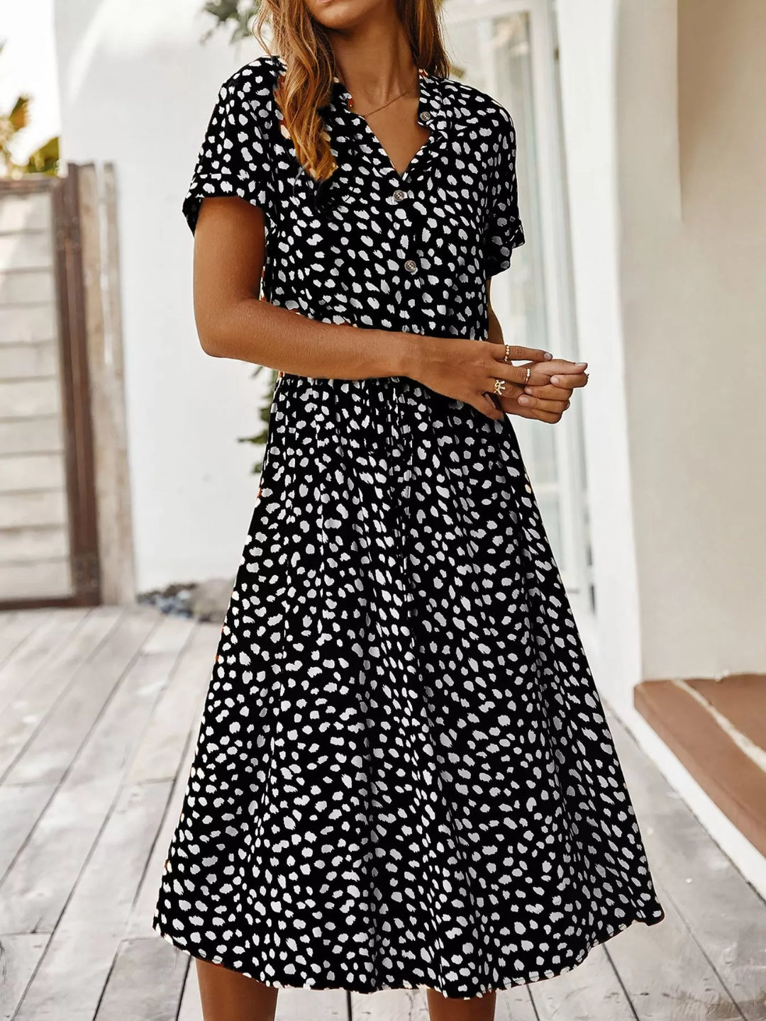 Animal print short sleeve midi shirt dress with tie waist