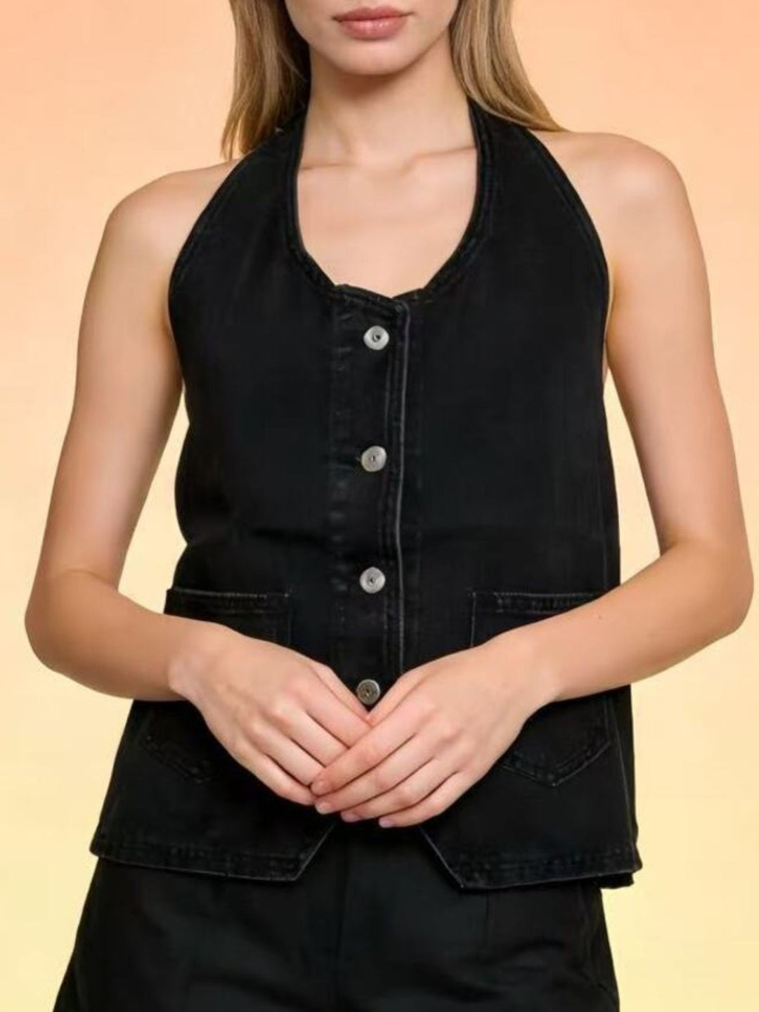 Black Halter neck button-down denim vest with patch pockets