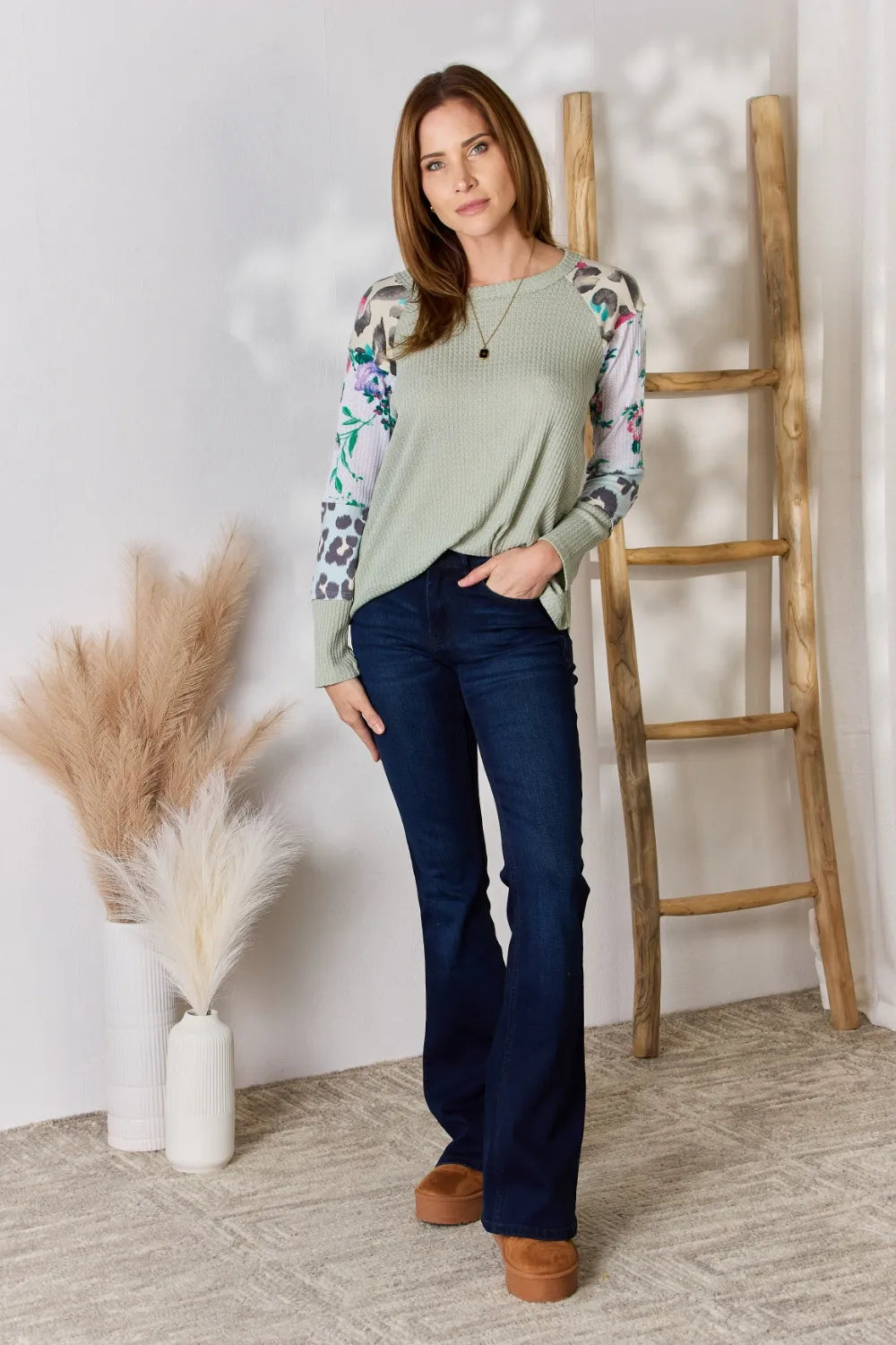 Waffle knit top with floral and leopard print sleeves