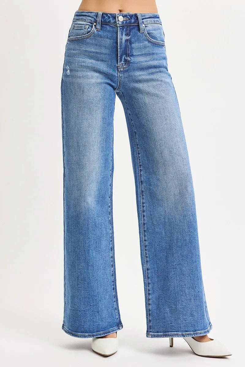 High-rise wide leg jeans with whiskered stretch denim