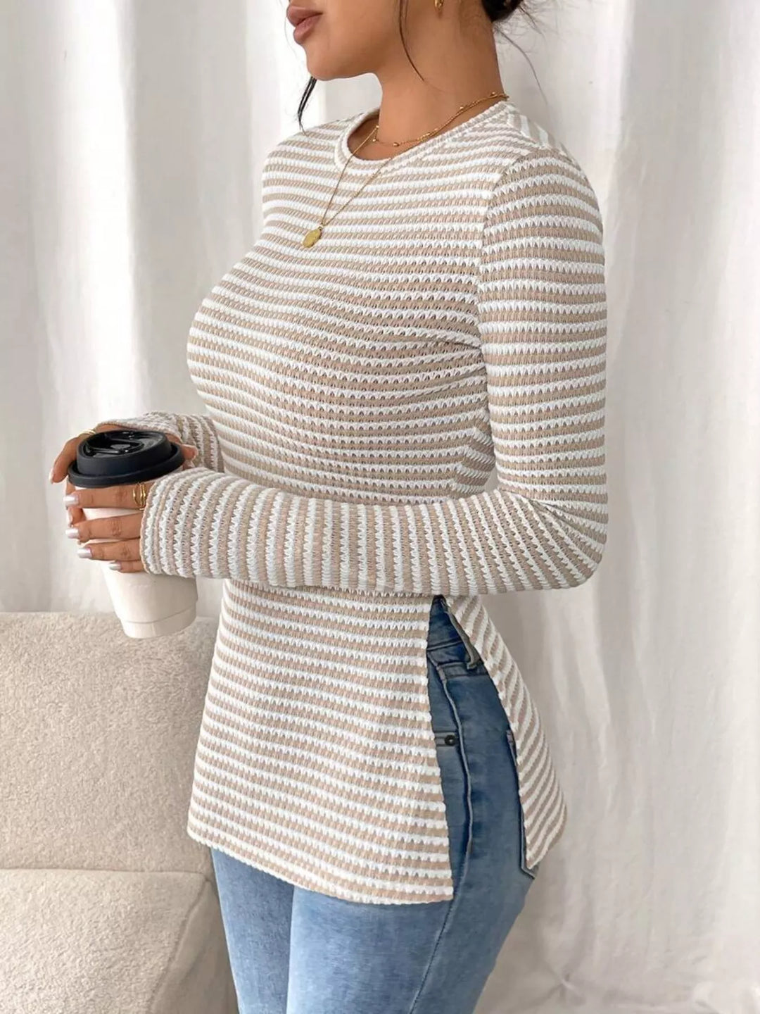 Slit-hem striped textured knit long sleeve top