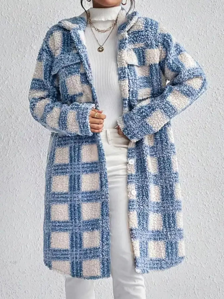 Plaid sherpa fleece button-up longline coat with collar