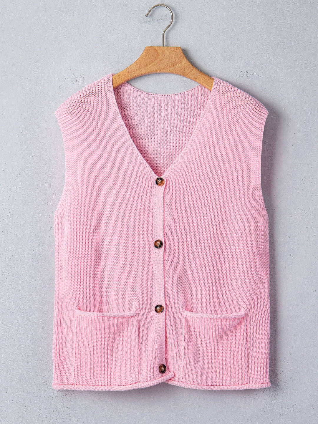 V-neck button-front knit sweater vest with patch pockets