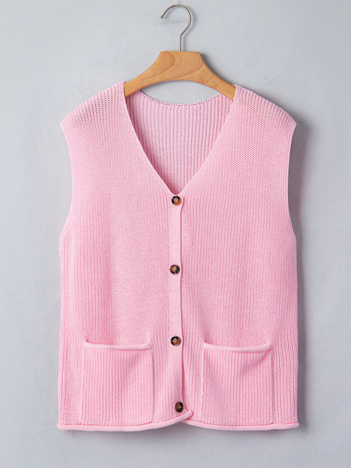 V-neck button-front knit sweater vest with patch pockets