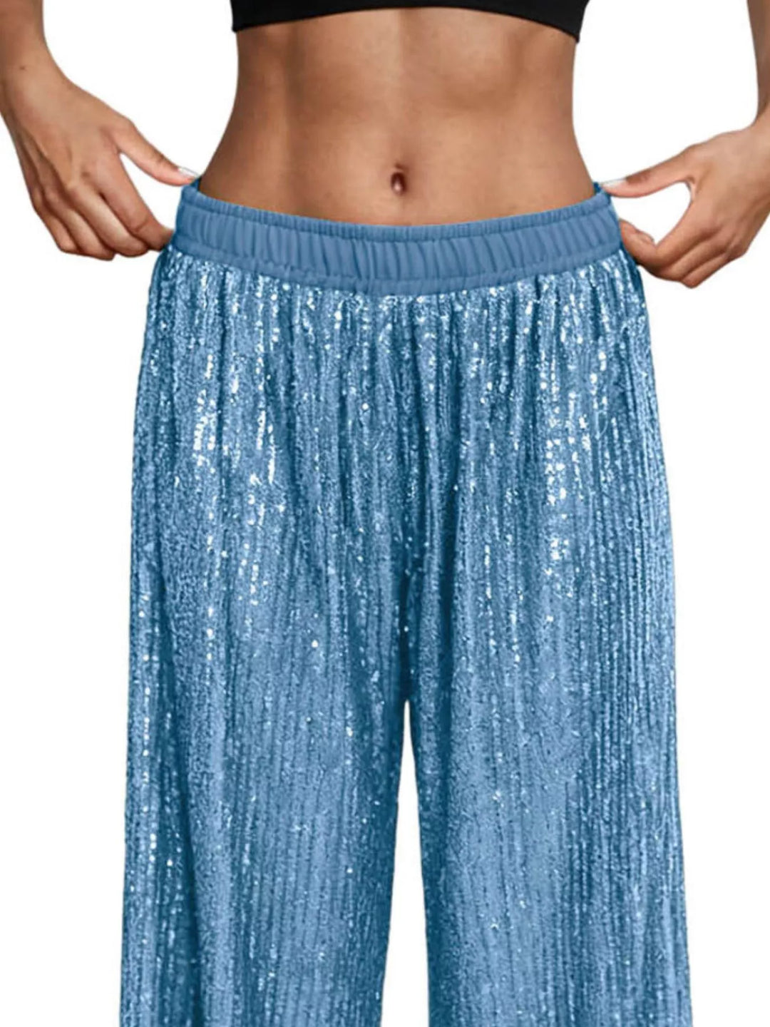 All-over sequin wide-leg pants with elastic waist