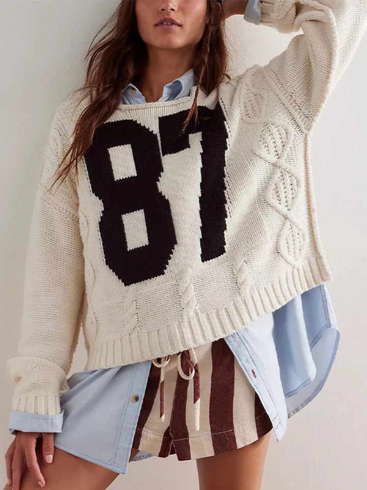 Varsity 87 cable-knit crew neck pullover sweater