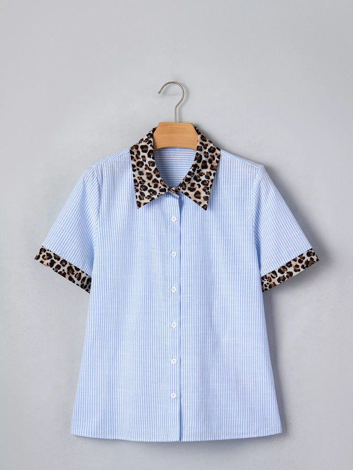Striped short-sleeve button-down with leopard collar and cuffs
