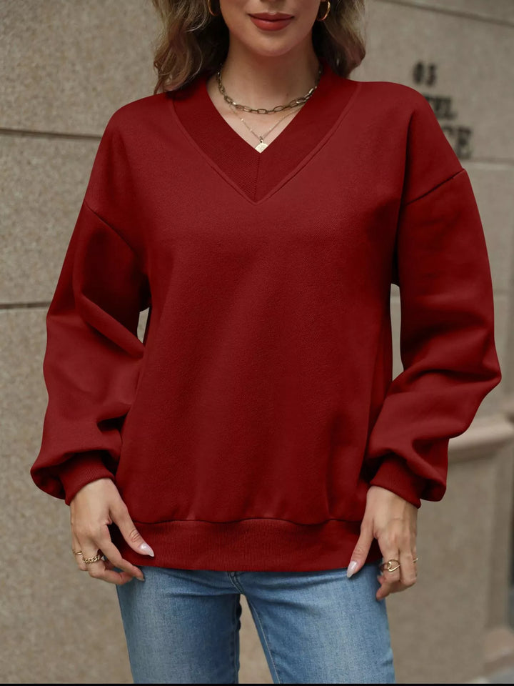 V-neck drop-shoulder pullover sweatshirt with ribbed trim