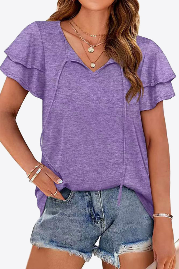 Dusty Purple Tiered flutter sleeve blouse with split tie neck
