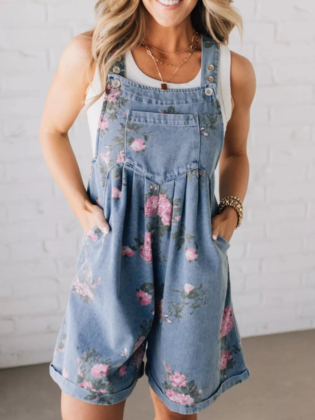 Medium Floral rose print denim overall shorts with rolled cuffs