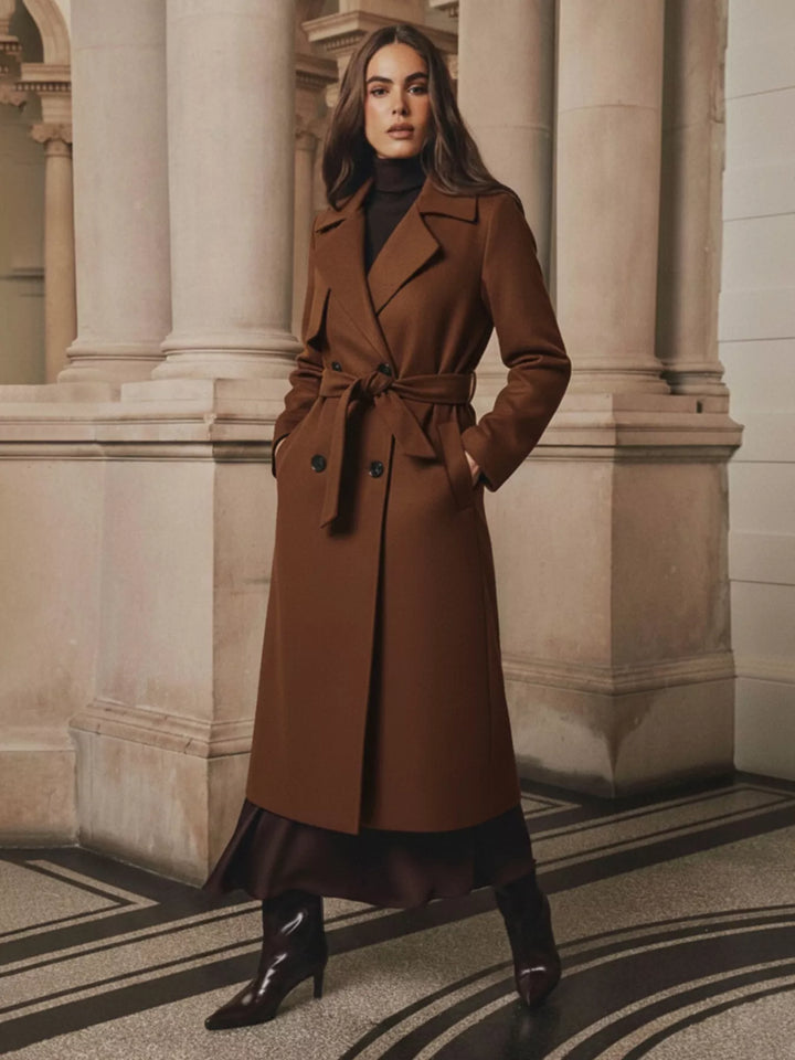 Brown Double-breasted belted longline coat with notch lapel
