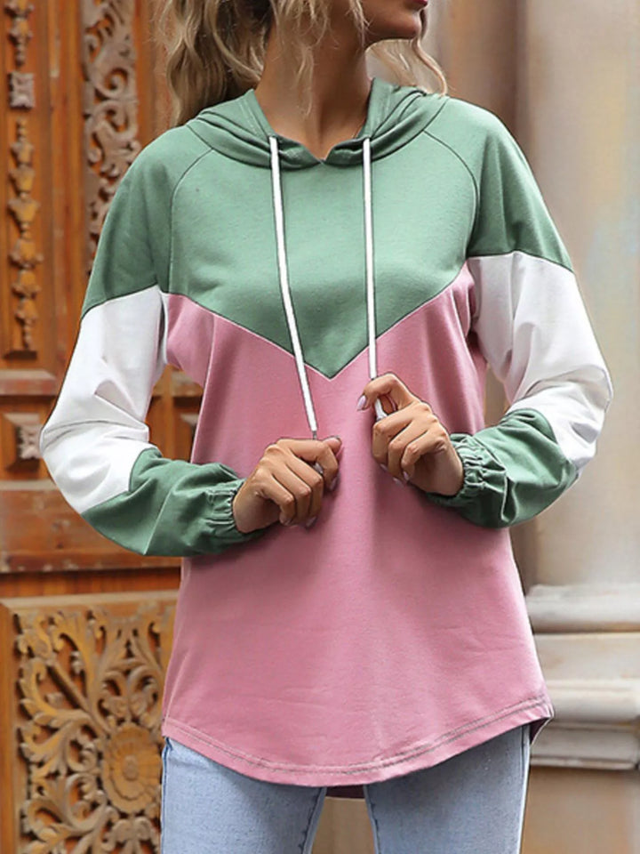 Color block drawstring hoodie with contrast sleeves