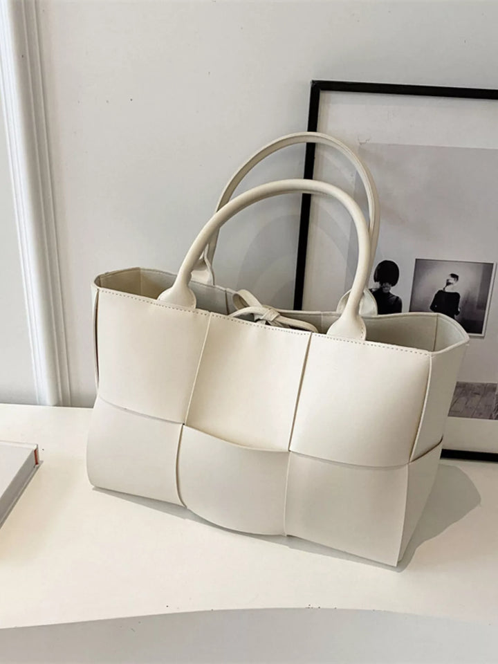 Creamy-white Woven faux leather tote bag with basketweave panels