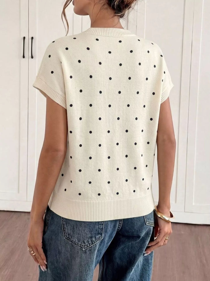 Polka dot short sleeve knit sweater with ribbed trim