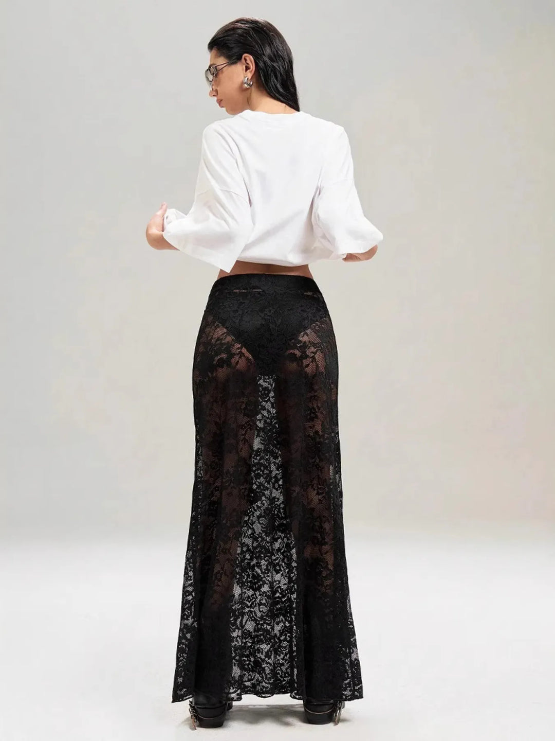 Sheer floral lace maxi skirt with stretch