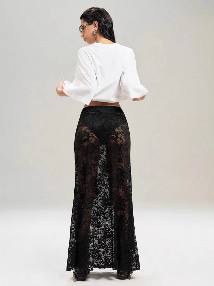 Sheer floral lace maxi skirt with stretch