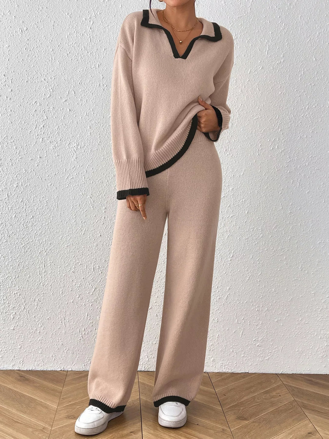 Contrast trim polo collar sweater and wide leg pants set