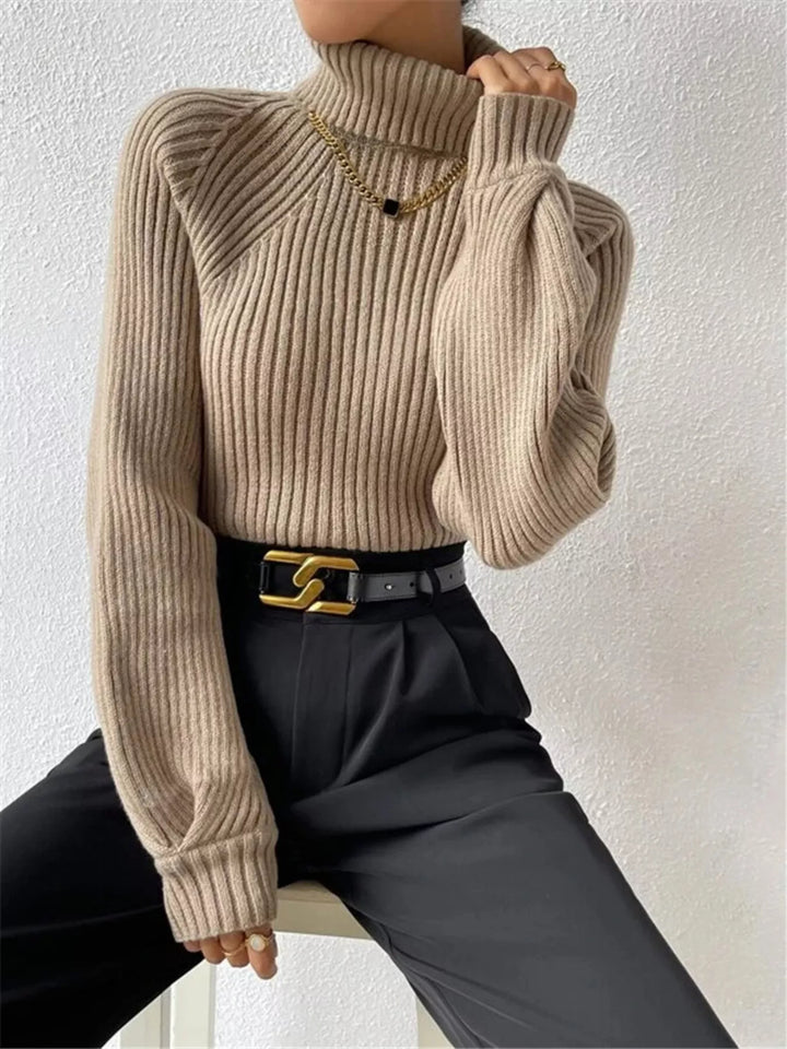 Ribbed knit turtleneck sweater with fitted long sleeves