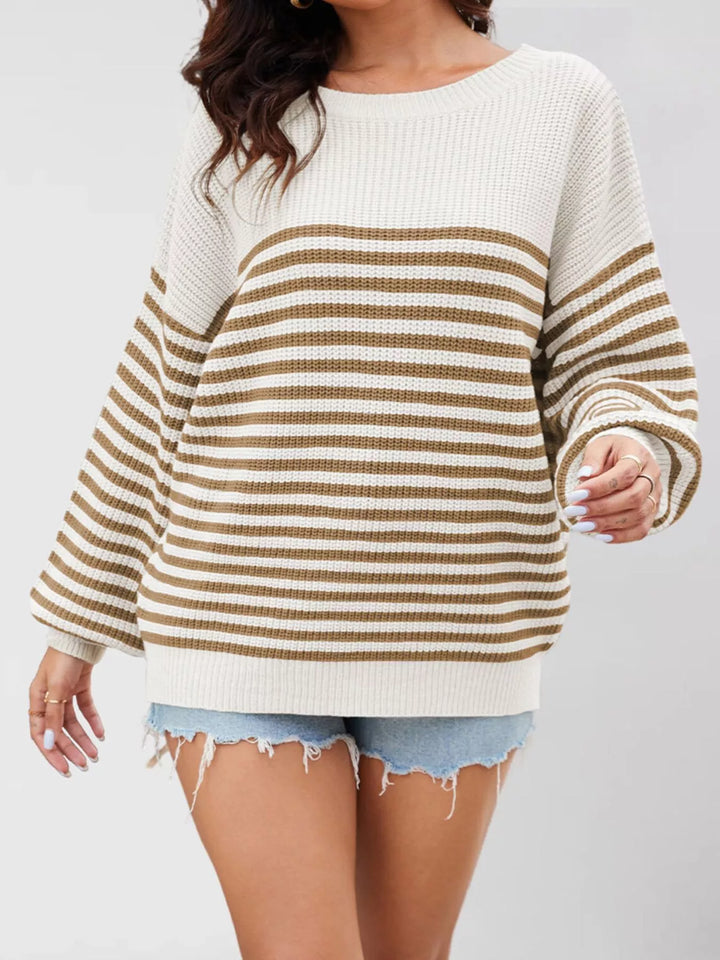 Striped ribbed knit drop shoulder pullover sweater
