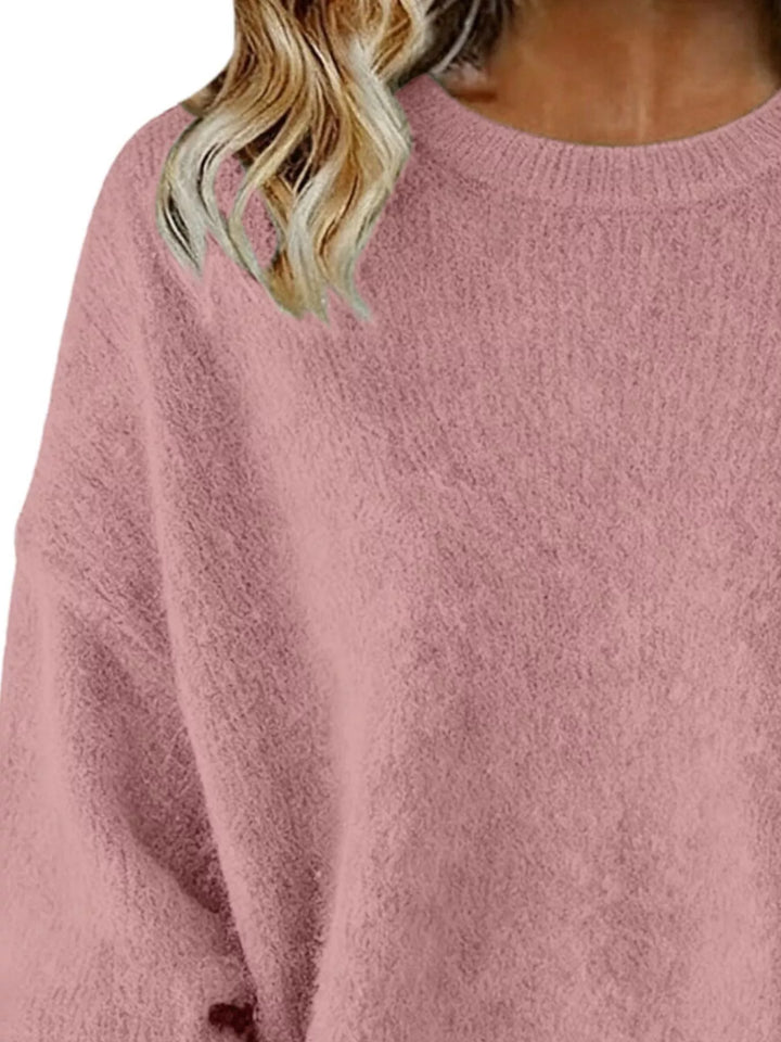 Dropped-shoulder crew neck knit sweater with ribbed trim
