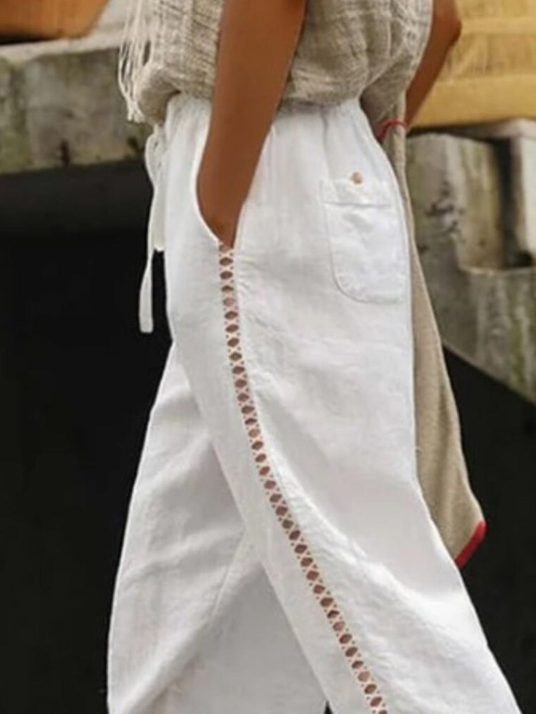 Hollow-out trim cropped pants with drawstring waist