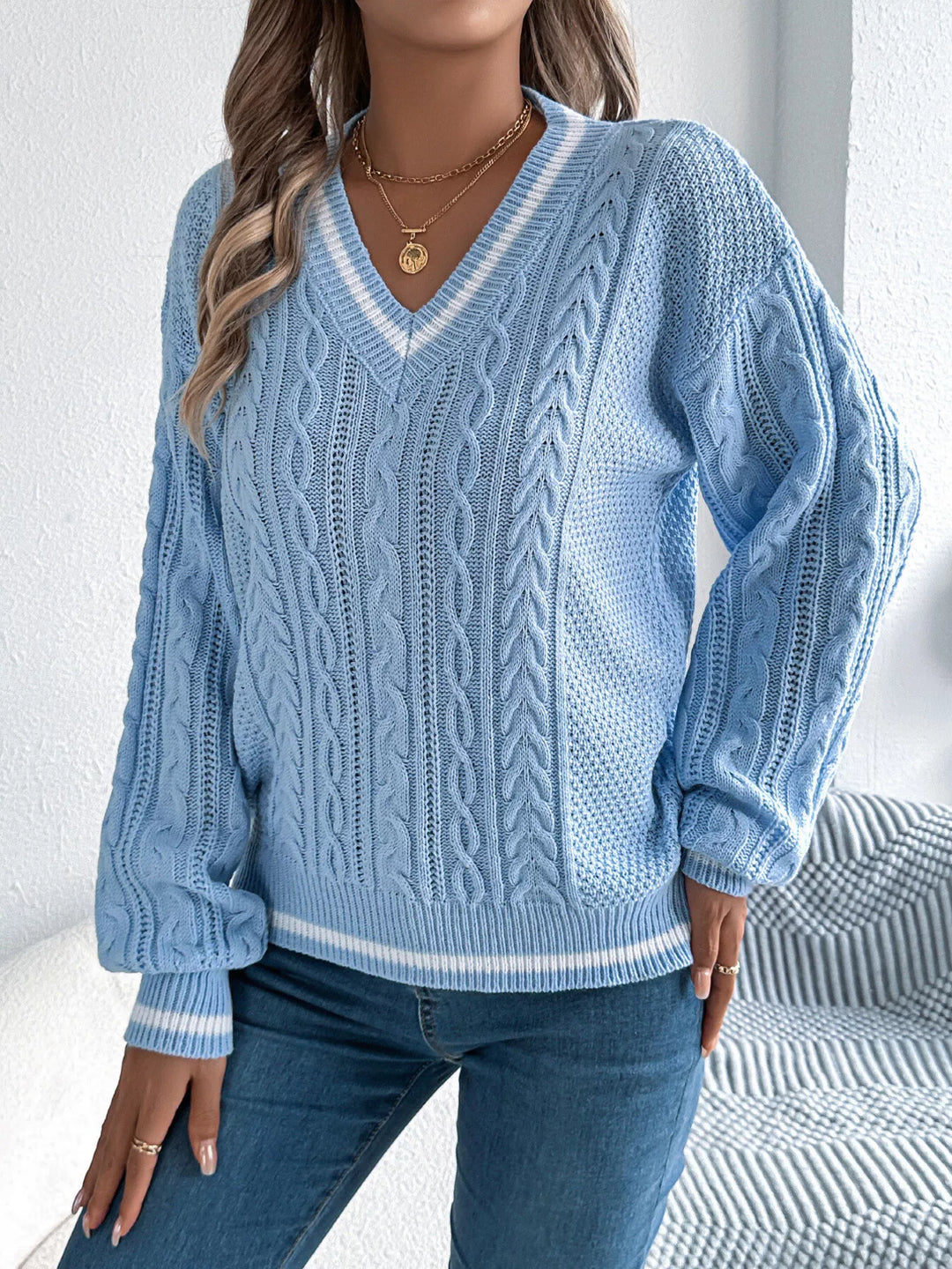Mixed cable knit drop shoulder V-neck pullover sweater
