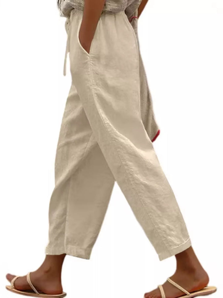 Tan Drawstring linen-look cropped pants with side pockets