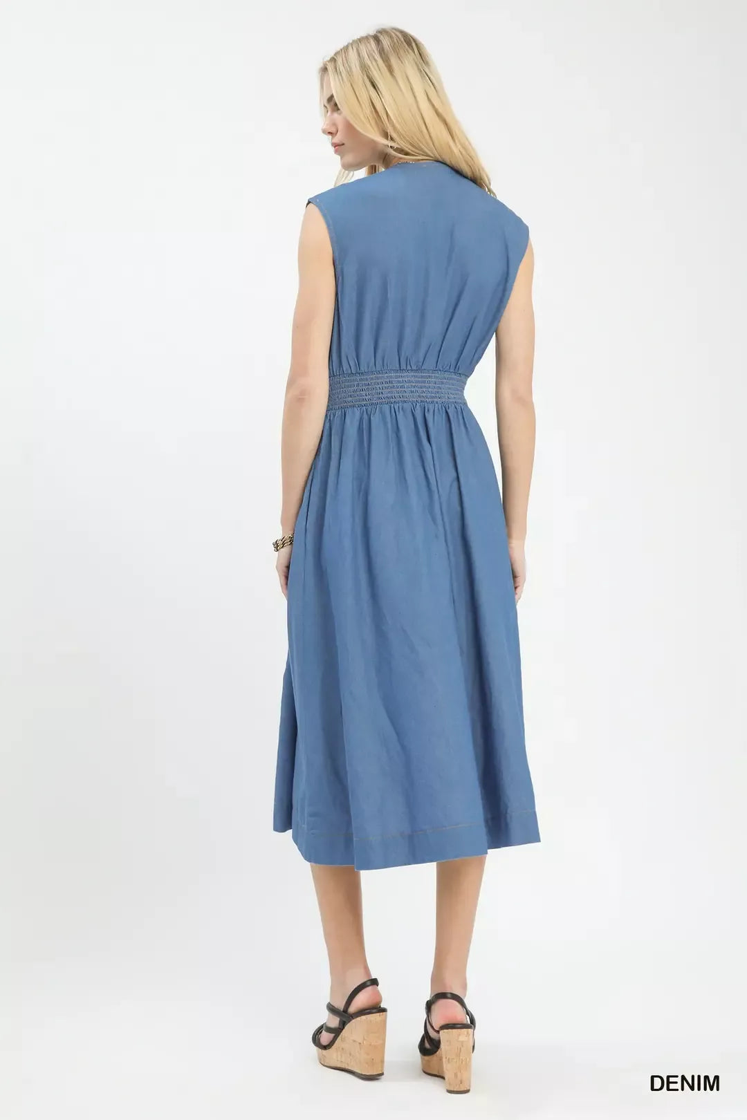 Sleeveless zip-front denim midi dress with smocked waist