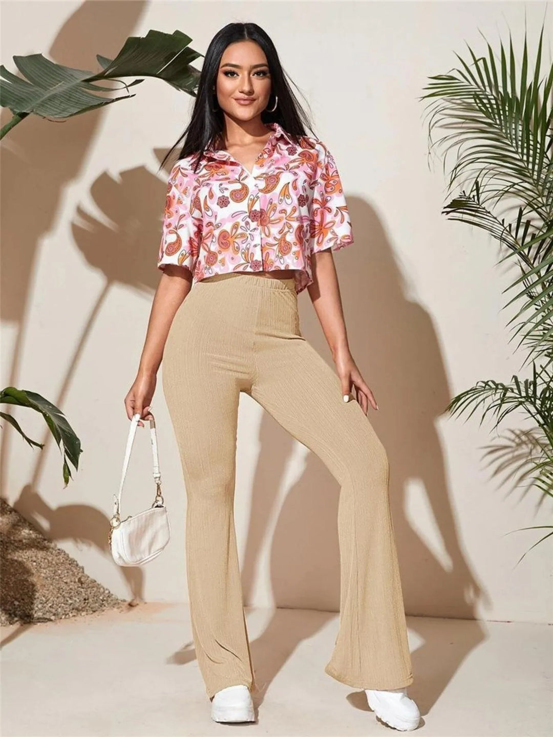 Ribbed knit high-waist flare pants with stretch