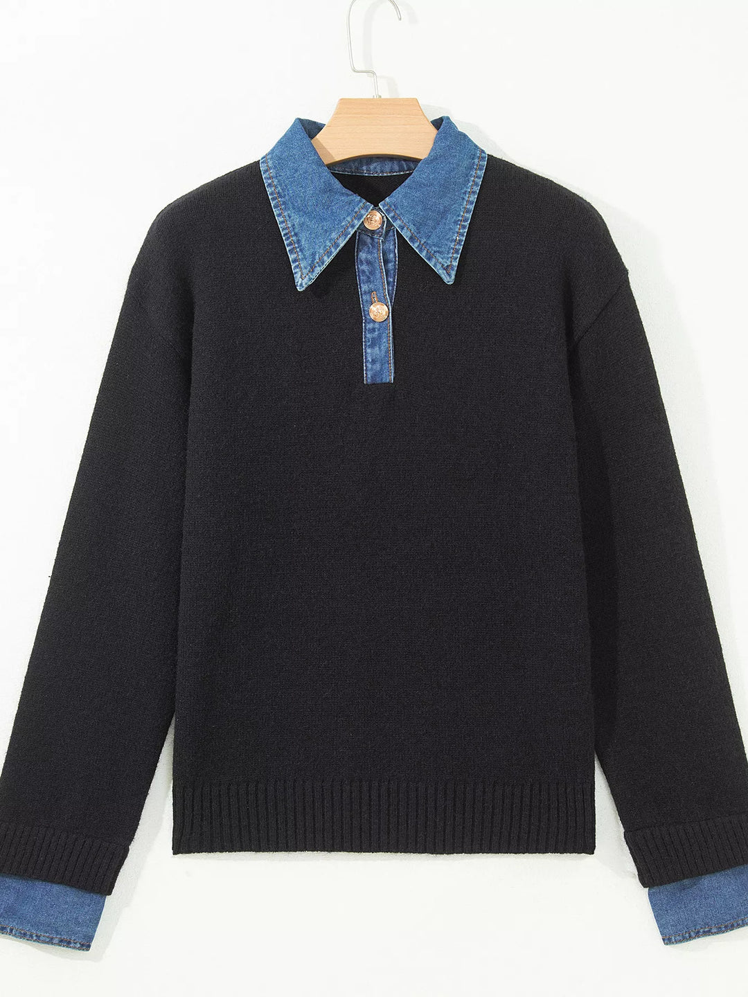 Denim collar knit sweater with button placket and cuffs