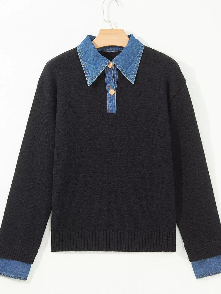 Denim collar knit sweater with button placket and cuffs
