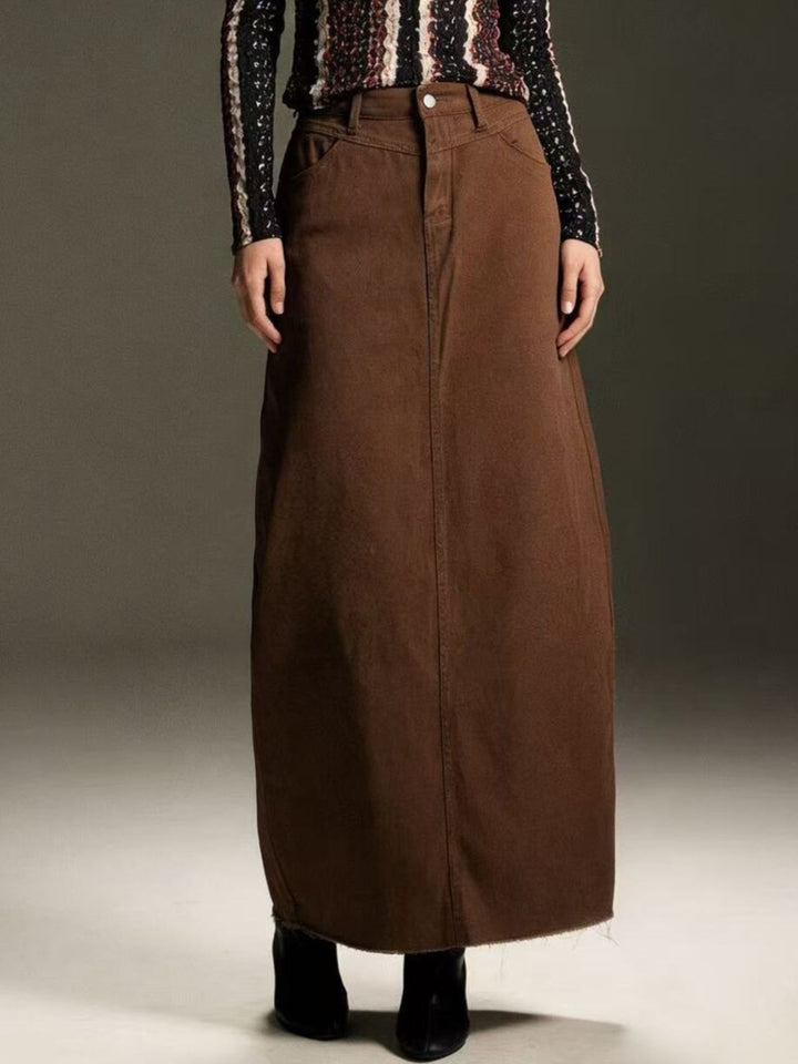 Brown Raw hem maxi denim skirt with button closure and front pockets