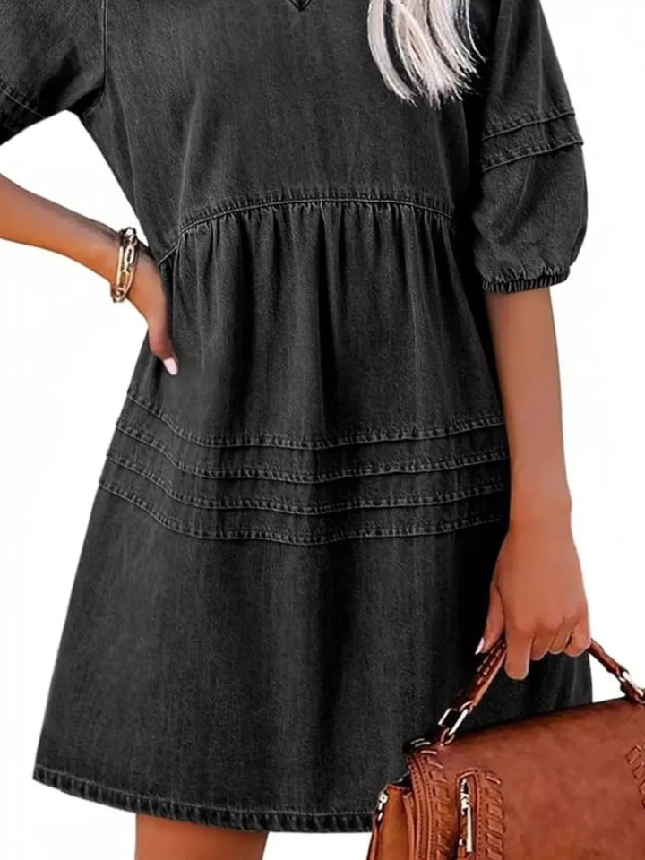 V-neck puff sleeve denim mini dress with pintuck pleating