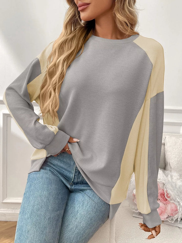 Color block waffle knit long sleeve top