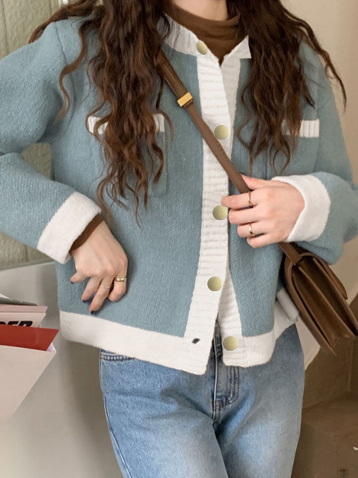 Blue Contrast-trim button-up knit cardigan with patch pockets
