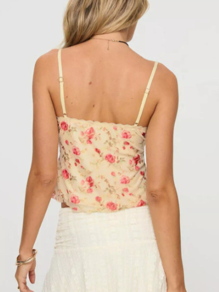 Floral print lace-trim cropped cami with ruffle hem