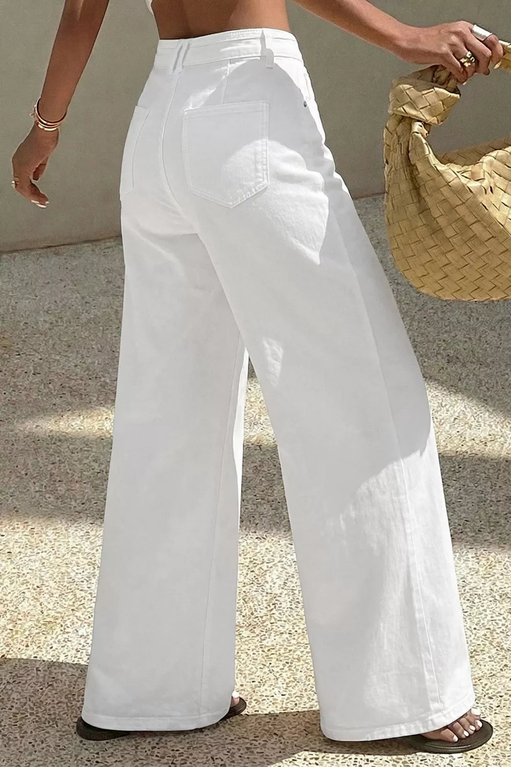 High-rise wide-leg solid cotton-blend jeans